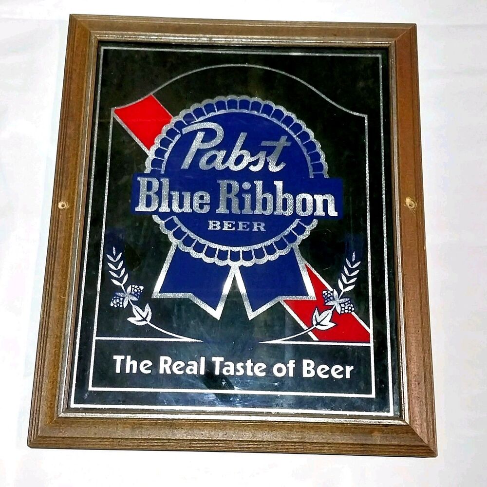 PABST BLUE RIBBON Beer 18" 1980's Vintage Smoked Glass Mirror Bar Sign #BS1